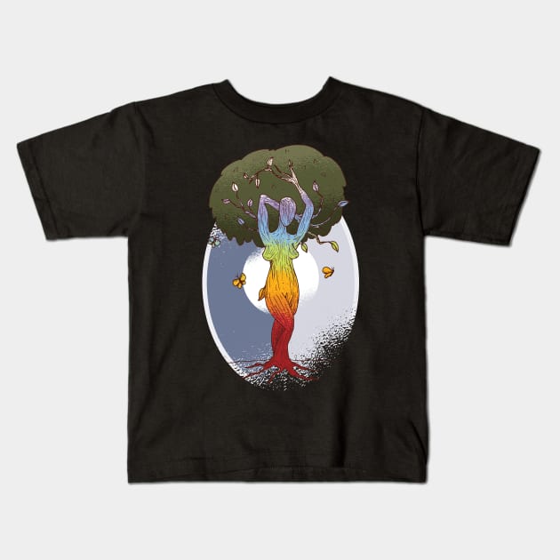 Rainbow Woman and Tree Kids T-Shirt by EarlAdrian